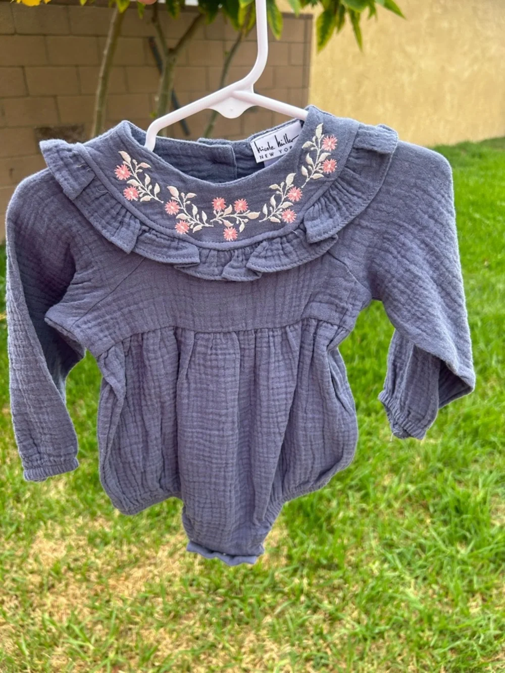 Nicole Miller Toddler Long Sleeve Gray Romper with Pink Floral Embroidery